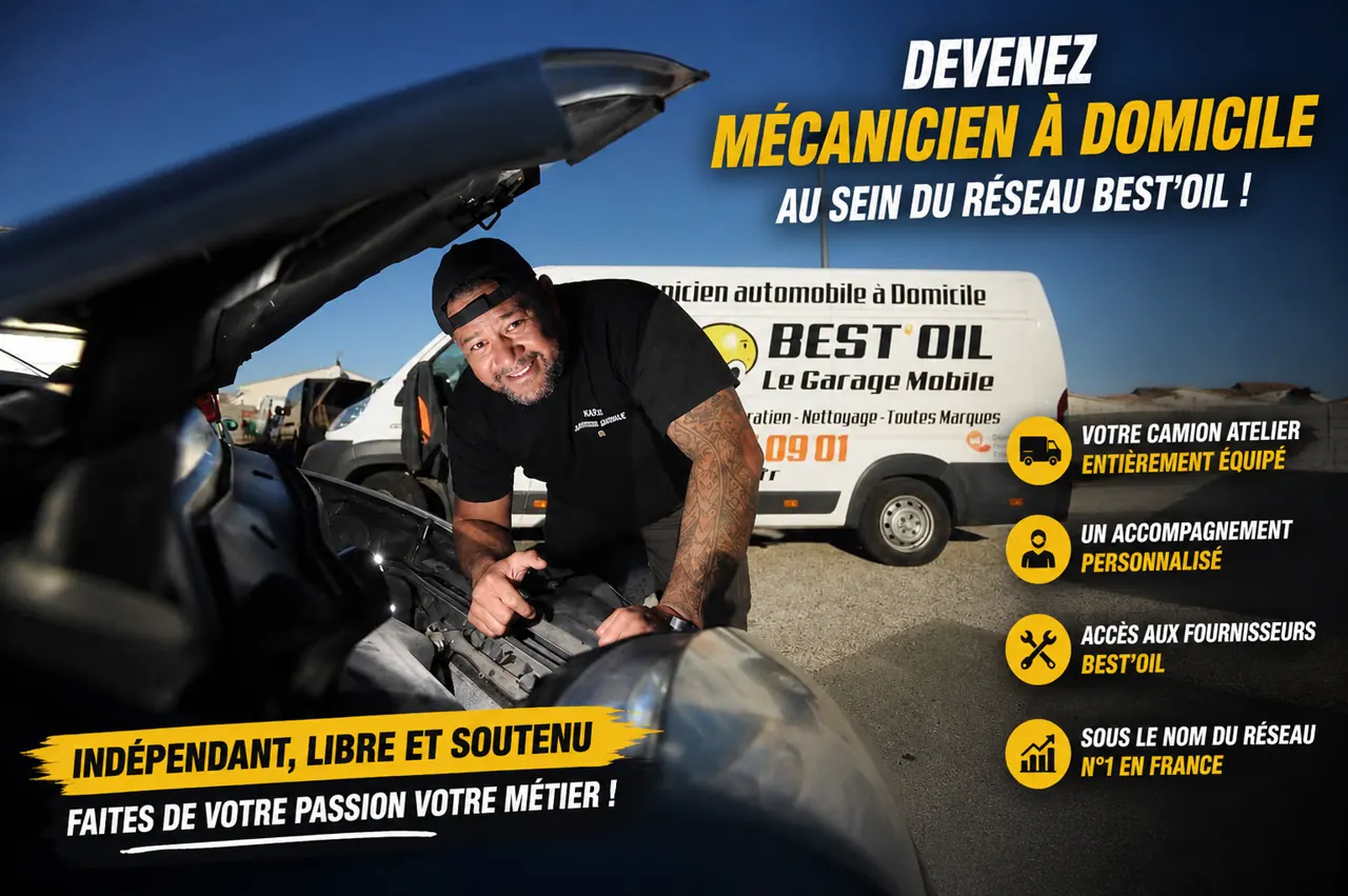 Recrutement mécanicien à domicile Best'Oil, réseau national de mécanique mobile avec camion atelier entièrement équipé et accompagnement personnalisé.