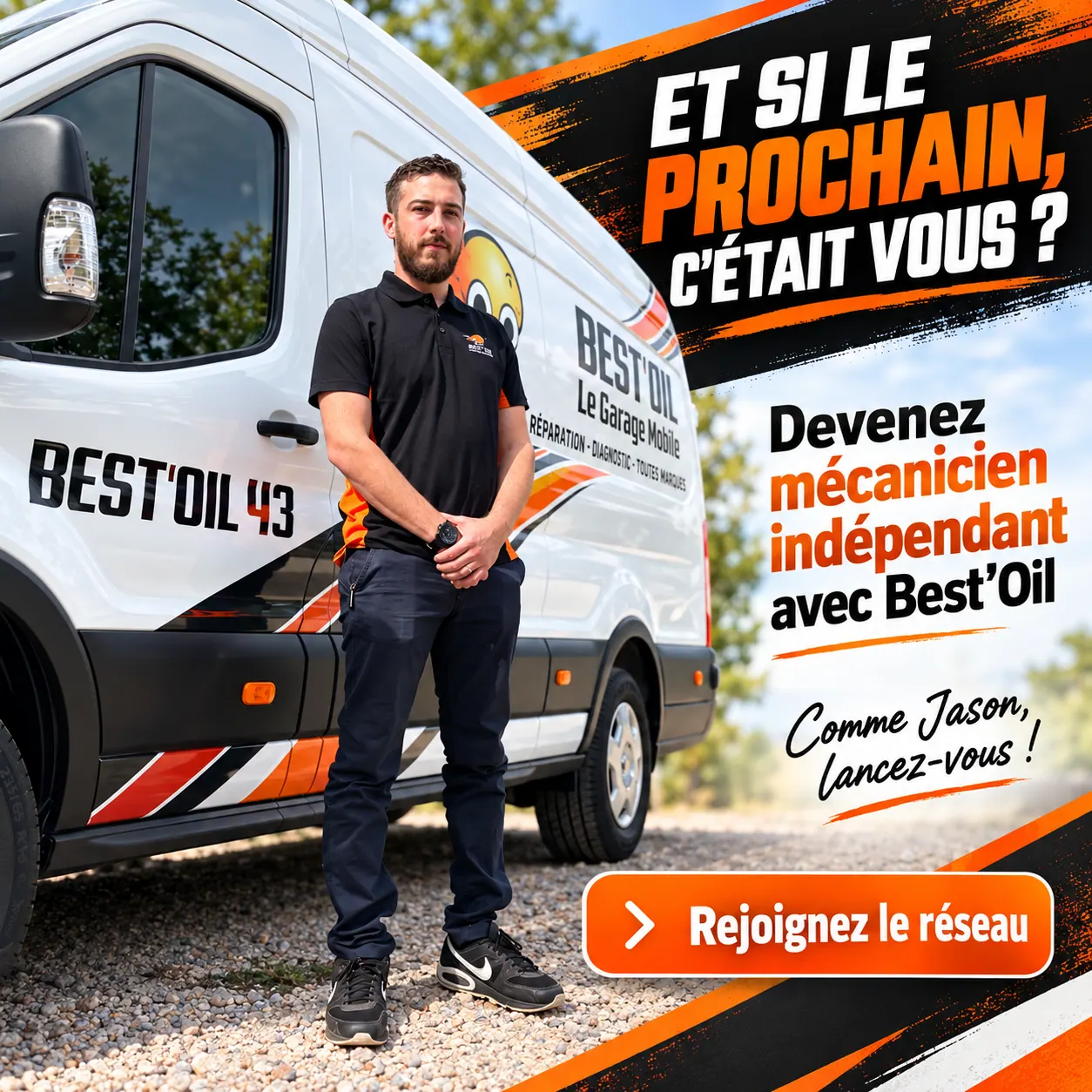 Jason Peroni devant son camion atelier Best’Oil 43, visuel invitant les mécaniciens à rejoindre le réseau