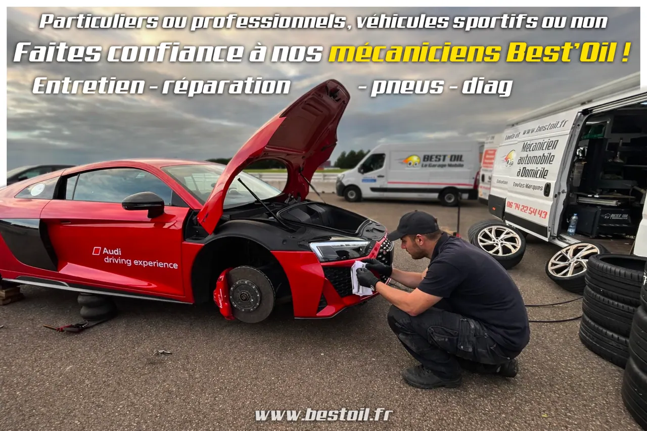 mécanicien mobile Best'Oil intervenant sur une Audi R8 avec son camion atelier