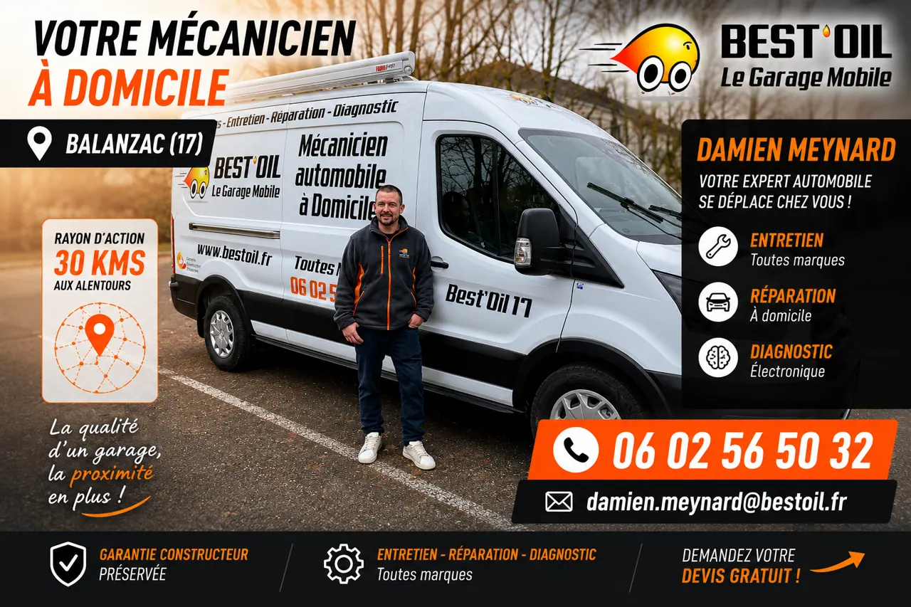 Mécanicien à domicile en Charente-Maritime - Damien Meynard Best'Oil intervenant à Balanzac pour l'entretien, la réparation et le diagnostic automobile toutes marques.
