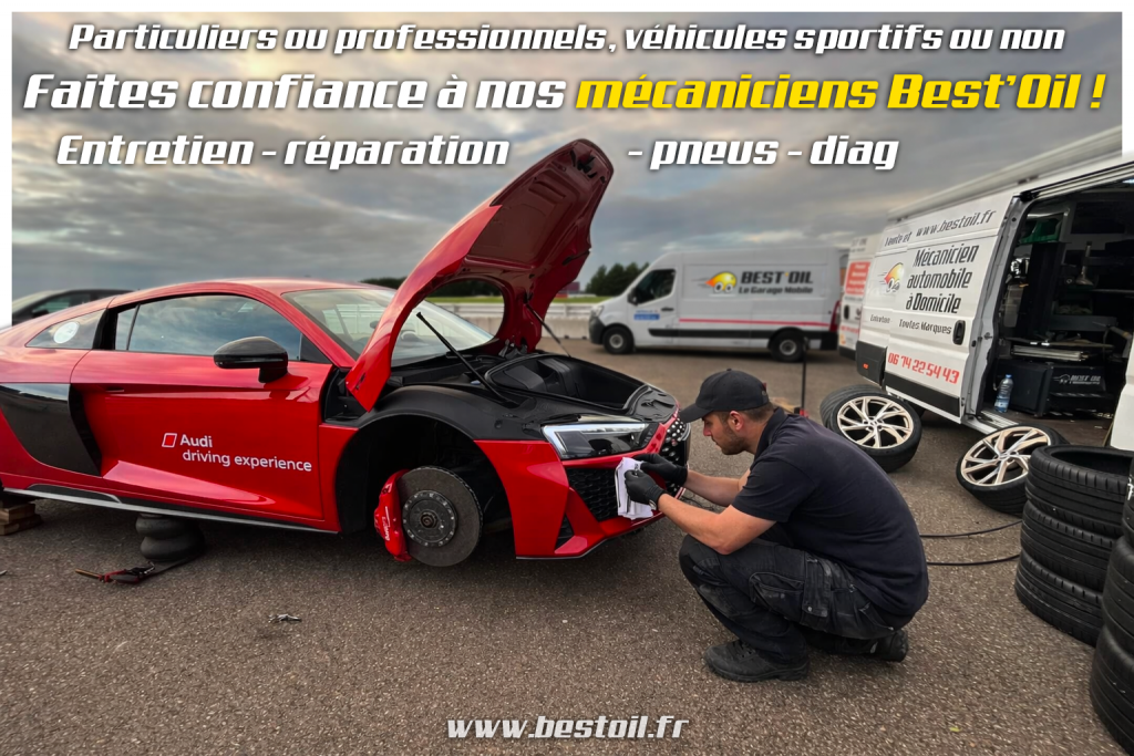 mécanicien mobile Best'Oil intervenant sur une Audi R8 avec son camion atelier