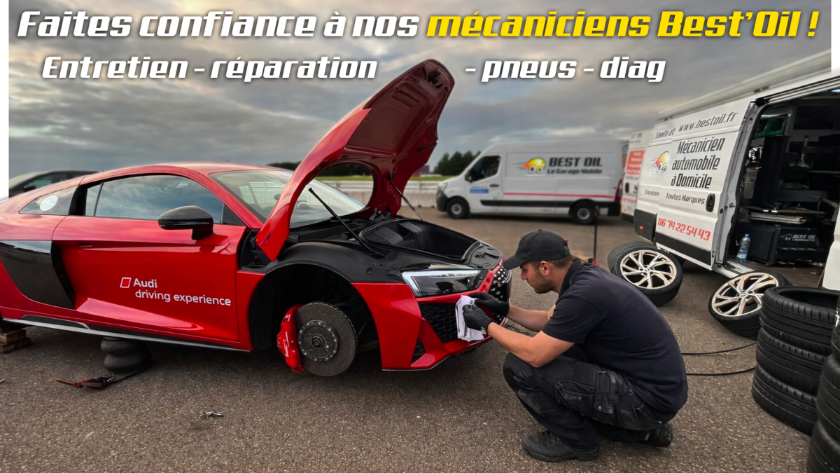 mécanicien mobile Best'Oil intervenant sur une Audi R8 avec son camion atelier