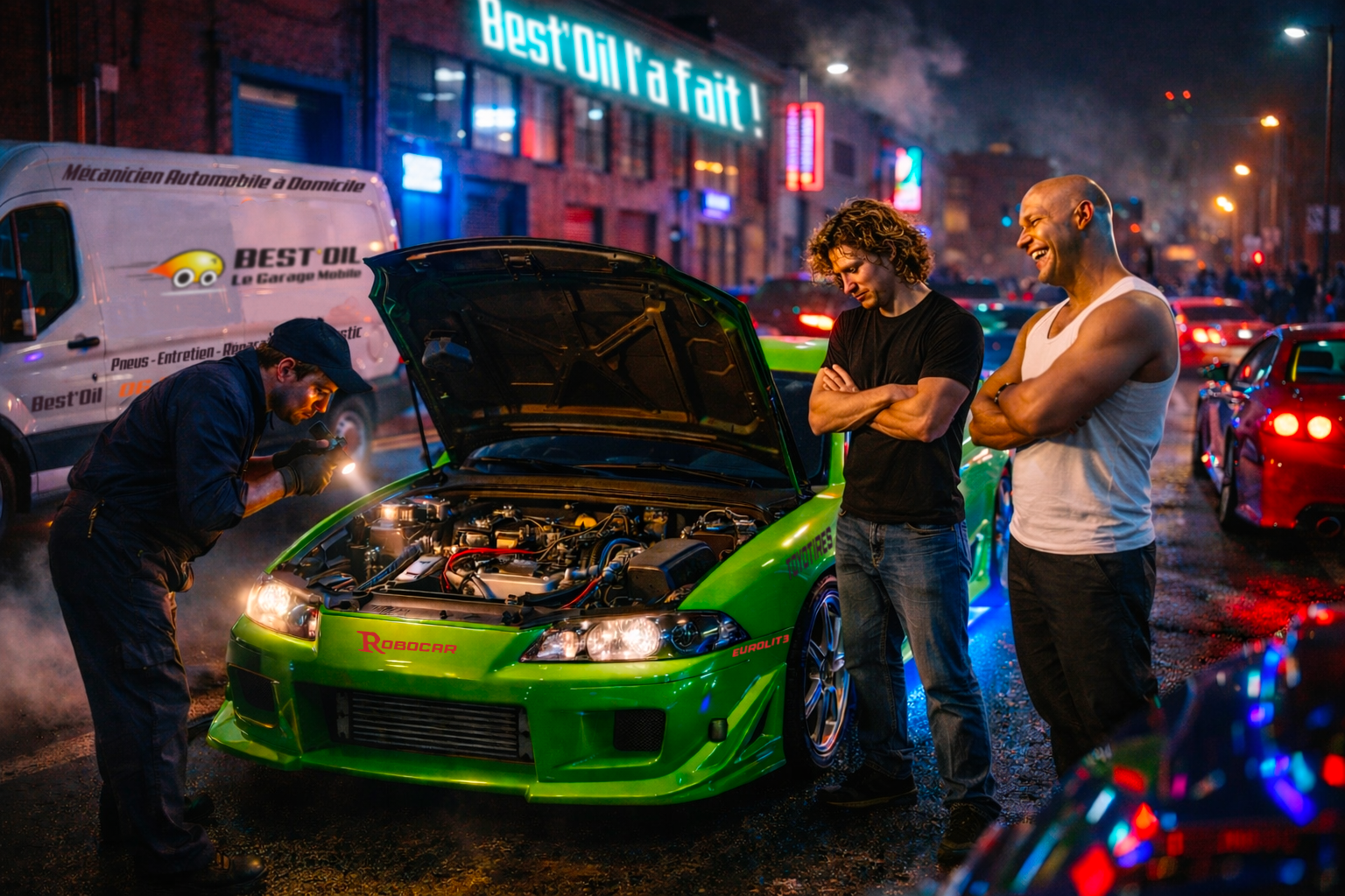 Best'Oil l'a fait ! Mécanicien Best'Oil intervenant sur le tournage d'un film connu pour réparer un véhicule