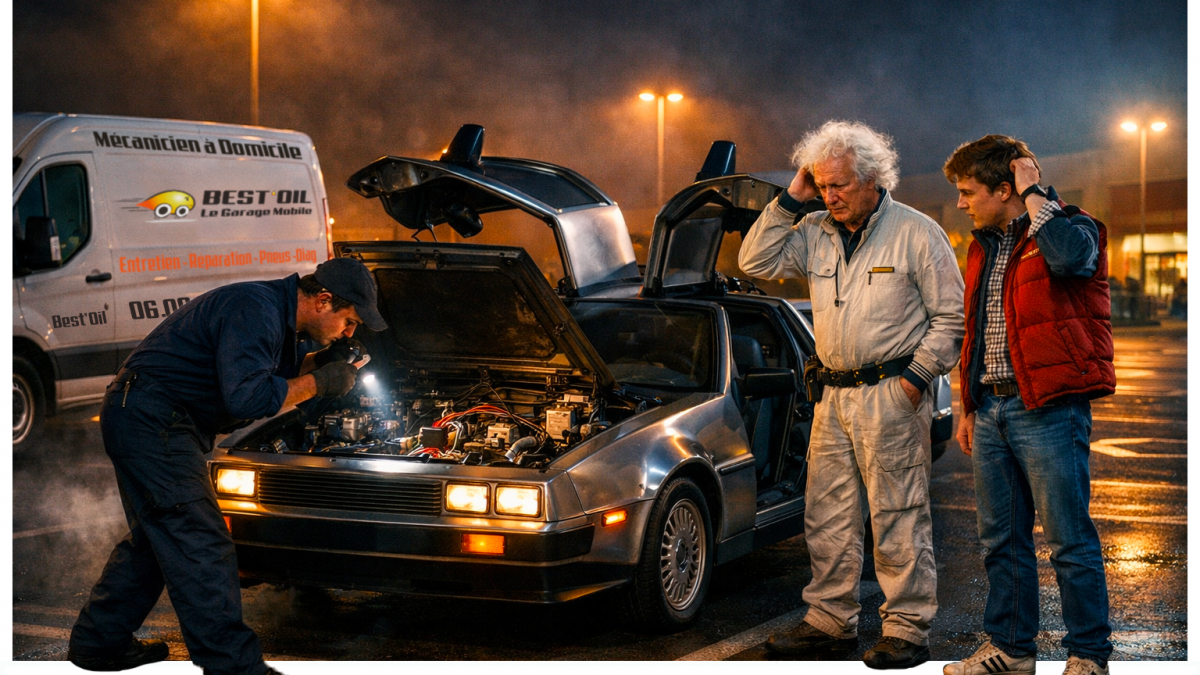 Nom de ZEUS ! Mécanicien Best'Oil intervenant sur le DMC Delorean de retour vers le futur pour une campagne d'appels mécaniciens.