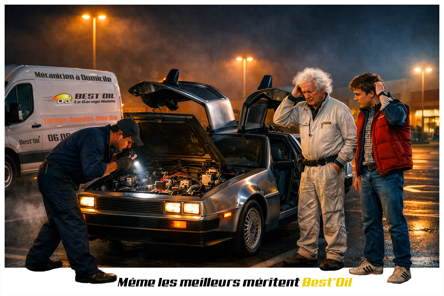 Nom de ZEUS ! Mécanicien Best'Oil intervenant sur le DMC Delorean de retour vers le futur pour une campagne d'appels mécaniciens.