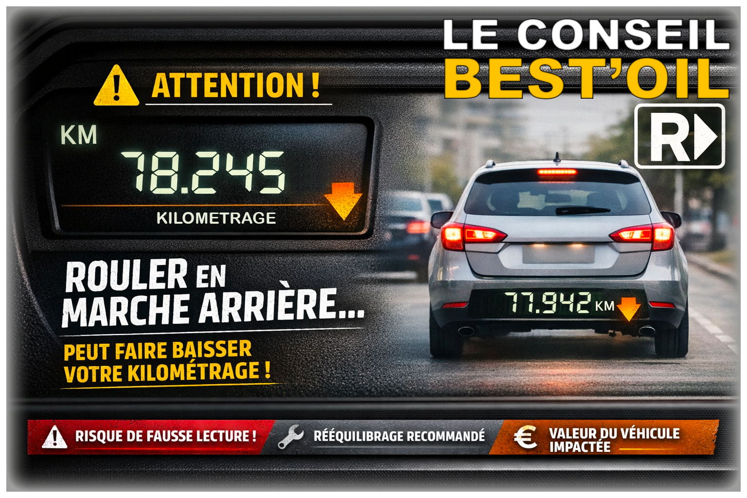 photo d'illustration de la blague du premier avril portant sur le fait que reculer fait diminuer votre compteur kilométrique