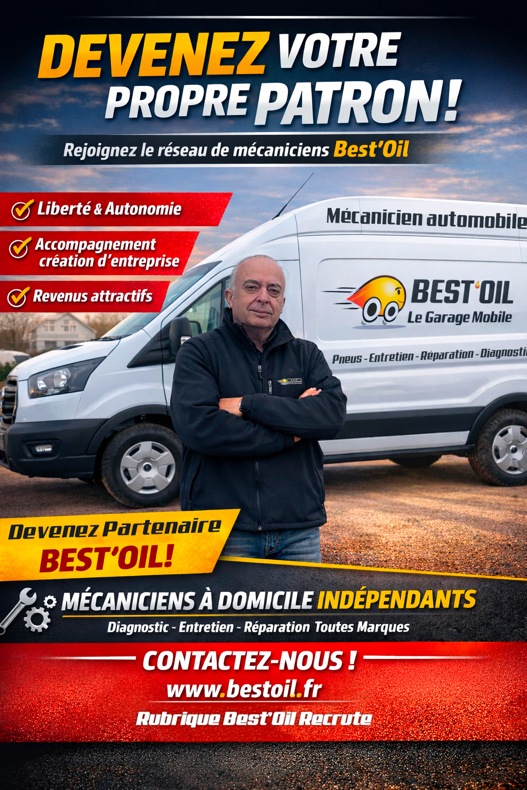 Best'Oil recrute. Création d'entreprise, business plan, camion atelier tout équipé, référencement, réseau Best'Oil leader mécanique mobile