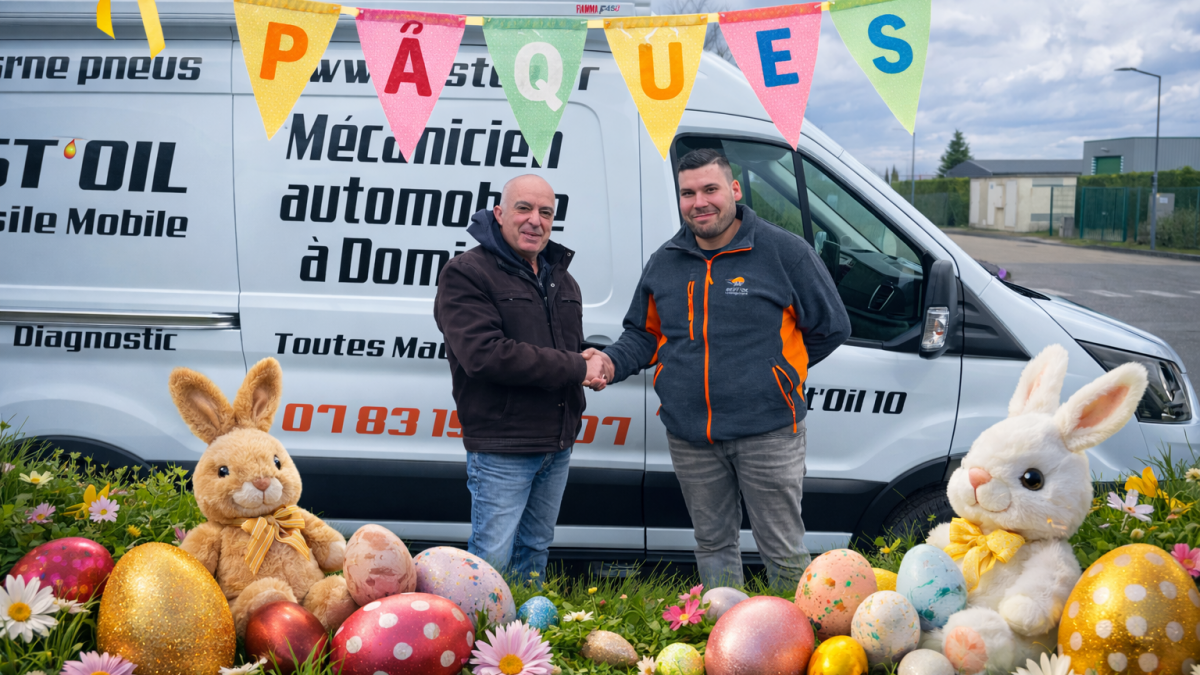 Mr CASSINI, PDG de Best'Oil serrant la main de notre partenaire Mr MONTEIRO Cédric, mécanicien à domicile dans l'Aube avec un décor de Pâques avec des oeufs en chocolat et des lapins.