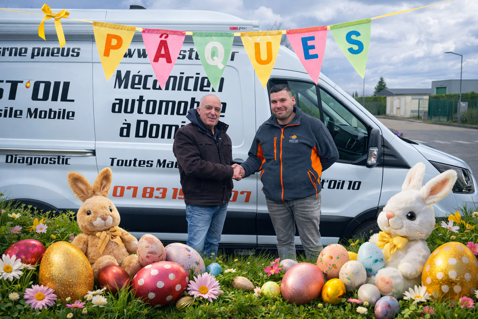 Mr CASSINI, PDG de Best'Oil serrant la main de notre partenaire Mr MONTEIRO Cédric, mécanicien à domicile dans l'Aube avec un décor de Pâques avec des oeufs en chocolat et des lapins.