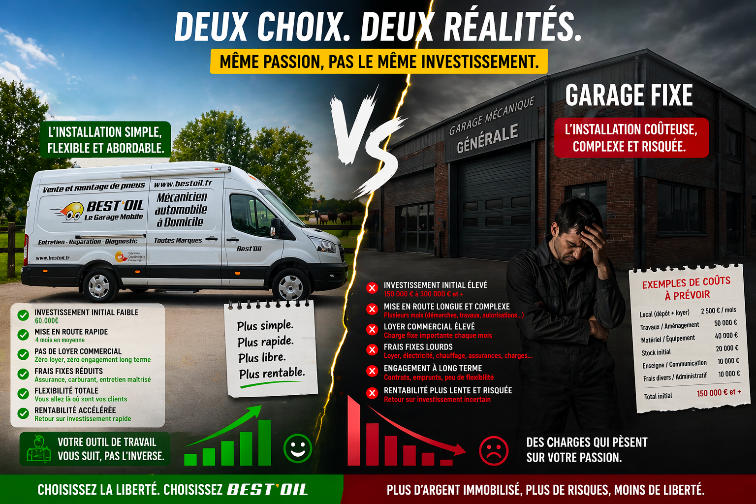Différence entre la mise en place d'un garage fixe et un garage mobile Best'Oil. Avantages et inconvénients.