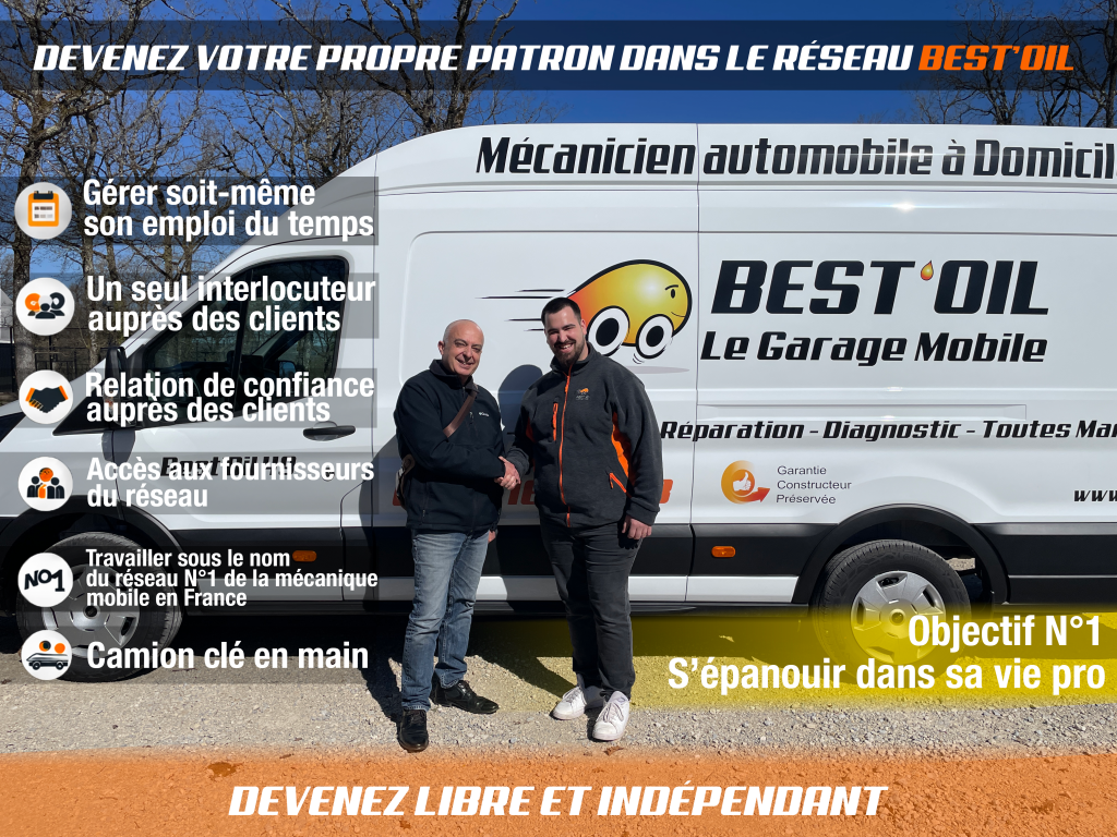Rejoignez Best'Oil. PDG et partenaire se serrant la main devant un camion atelier mobile