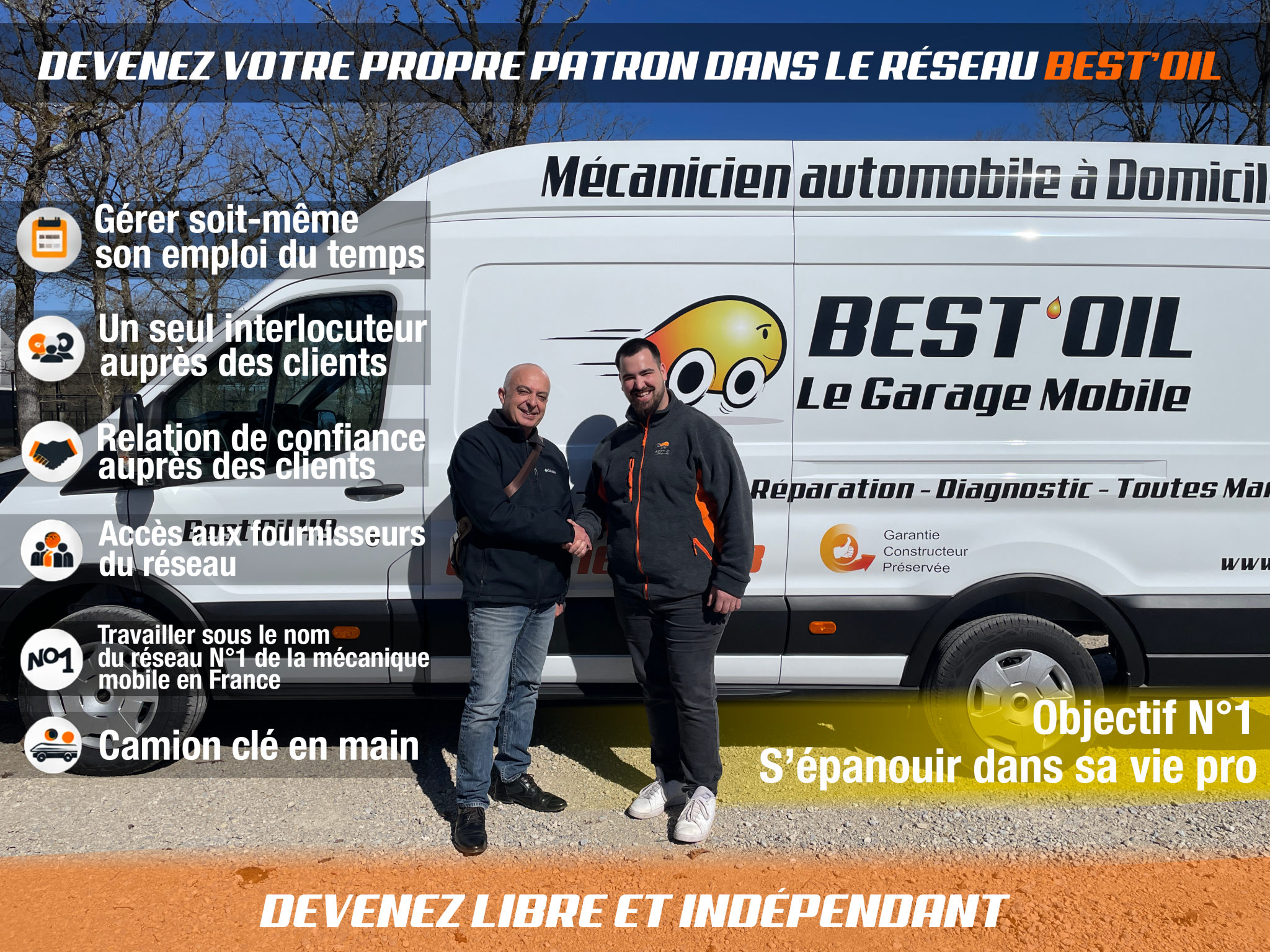 Rejoignez Best'Oil. PDG et partenaire se serrant la main devant un camion atelier mobile
