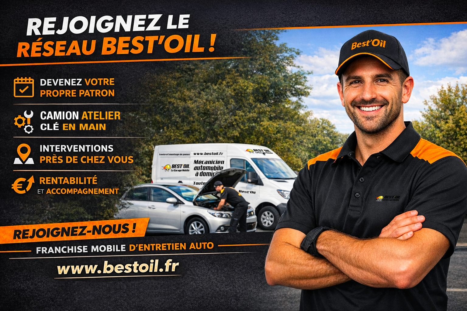 Campagne de recrutement Best'Oil. Devenez votre propre patron. Camion atelier clé en main. Interventions près de chez vous. Rentabilité et accompagnement.