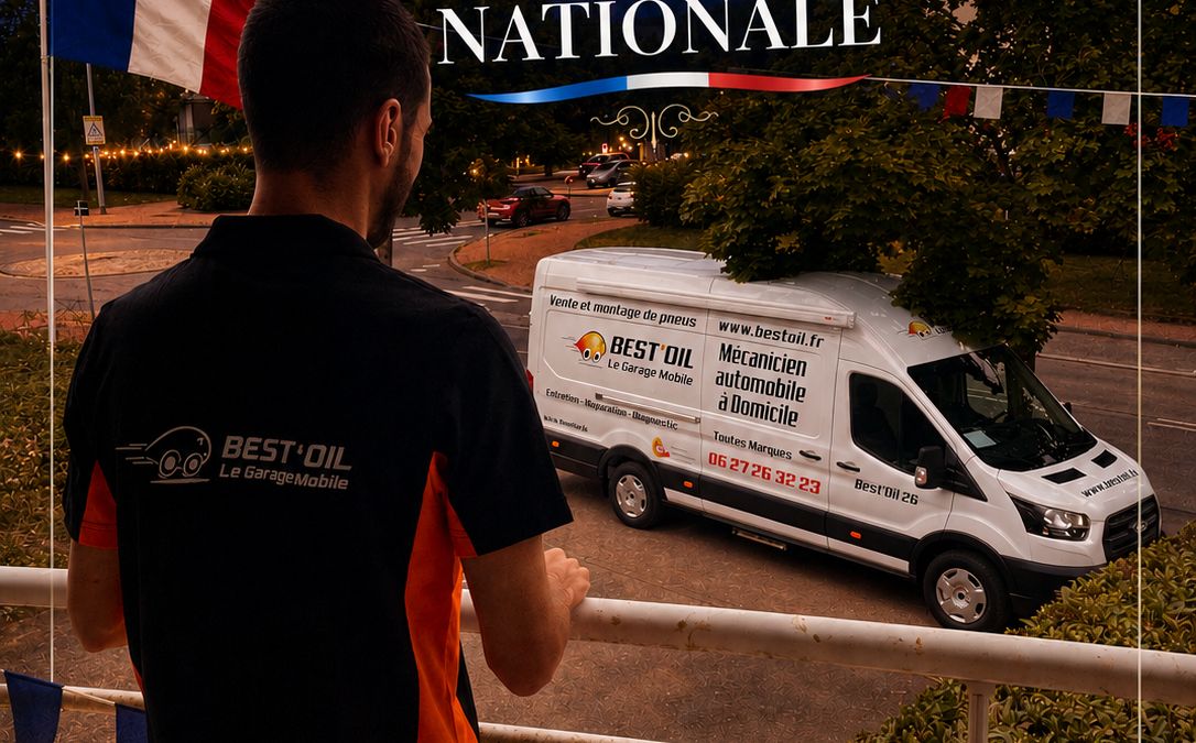 Bonne Fête Nationale 14 juillet avec un mécanicien Best'Oil observant son camion atelier sous un ciel illuminé par des feux d'artifice