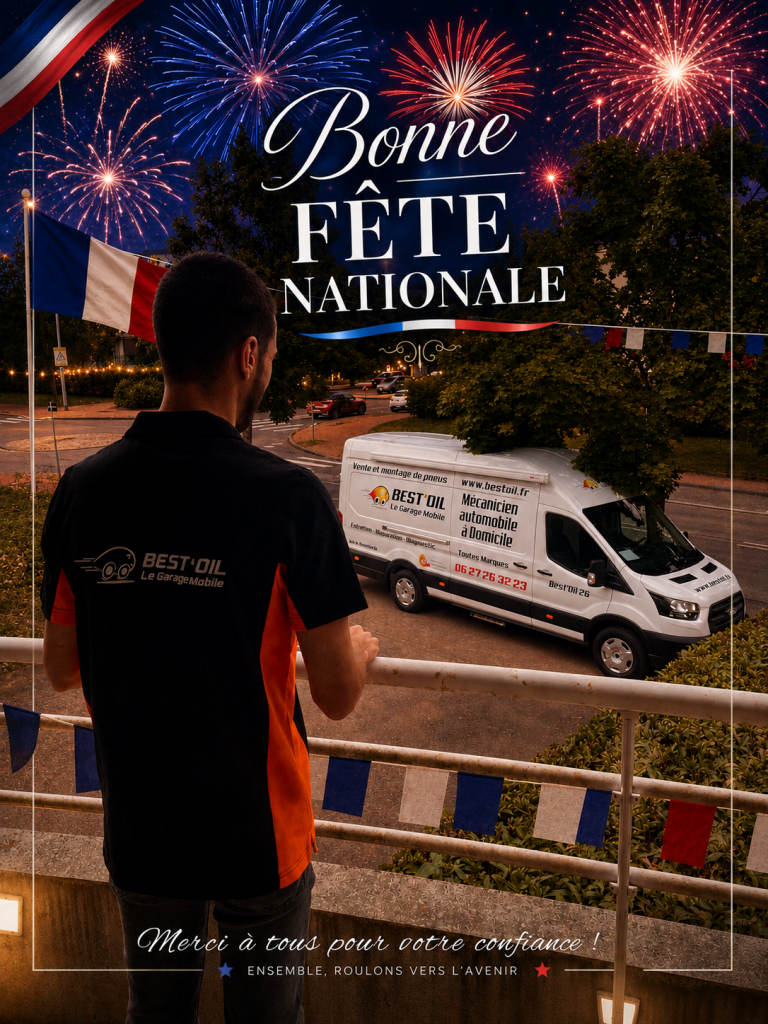 Bonne Fête Nationale 14 juillet avec un mécanicien Best'Oil observant son camion atelier sous un ciel illuminé par des feux d'artifice