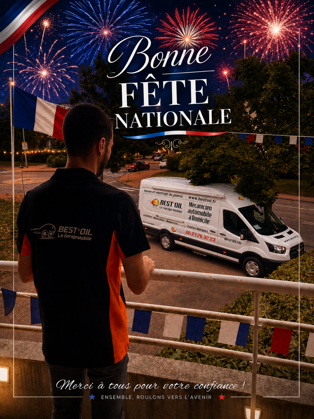 Bonne Fête Nationale 14 juillet avec un mécanicien Best'Oil observant son camion atelier sous un ciel illuminé par des feux d'artifice