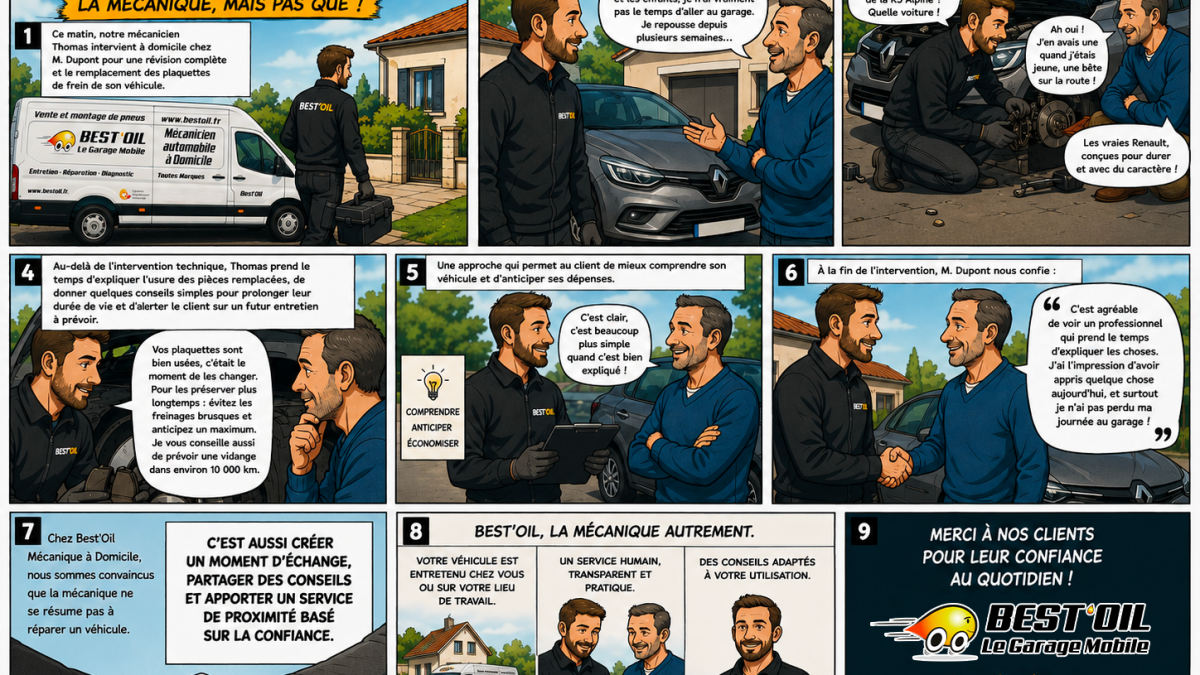 Bande dessinée Best'Oil illustrant une intervention de mécanique à domicile avec révision automobile, conseils personnalisés et échange entre un mécanicien et son client.
