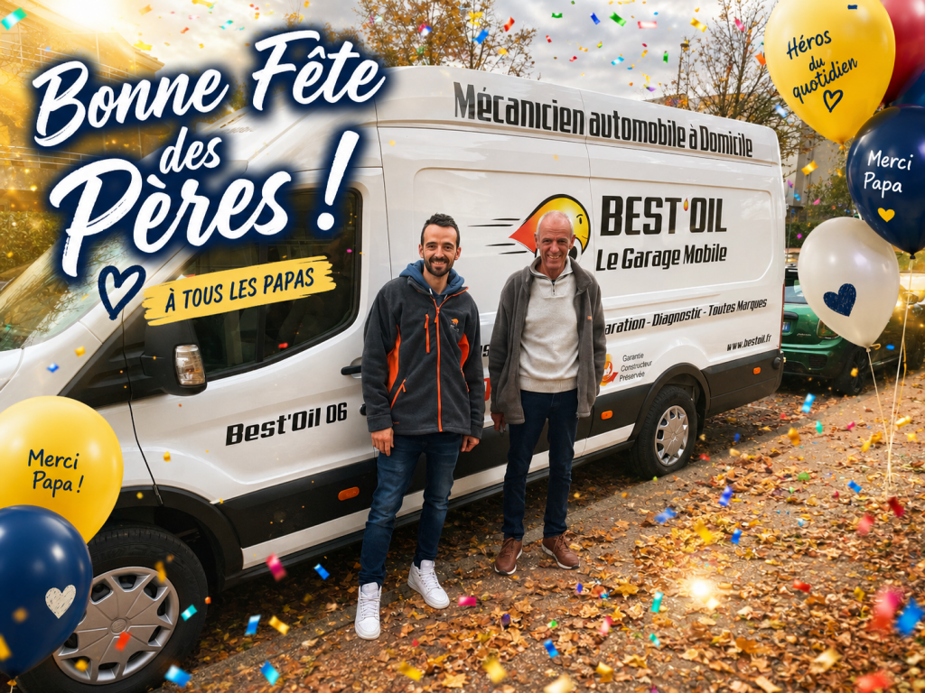 Bonne Fête des Pères BEST'OIL, mécanicien automobile à domicile, devant son garage mobile d'intervention toutes marques.