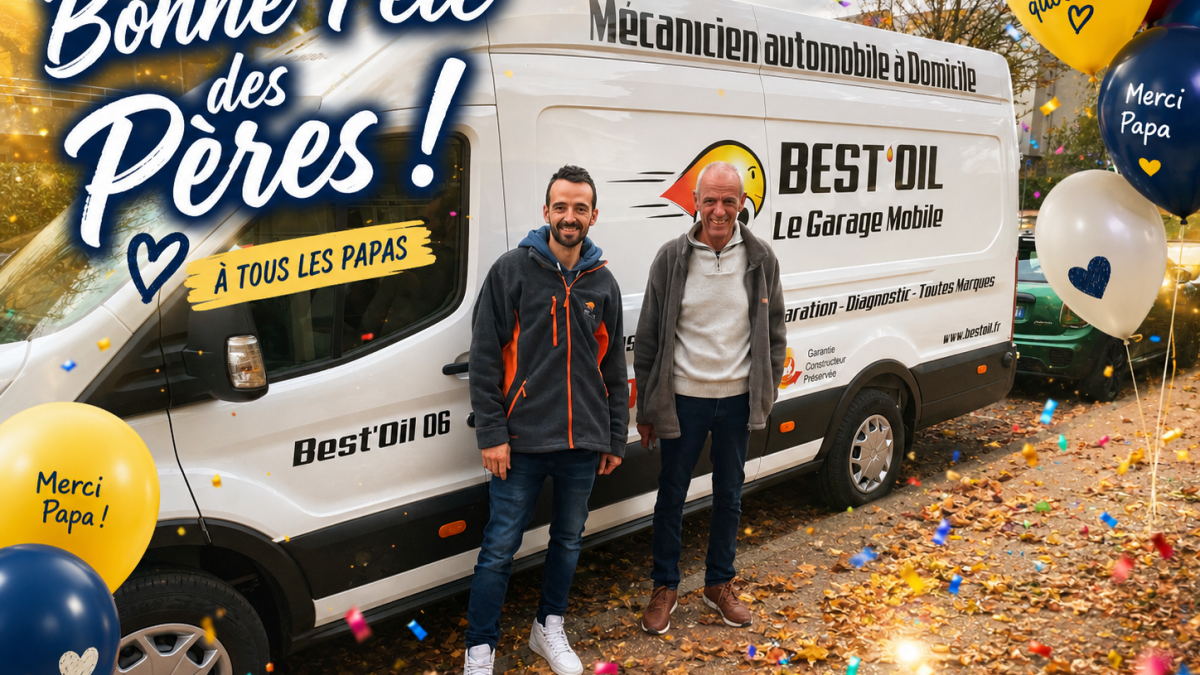 Bonne Fête des Pères BEST'OIL, mécanicien automobile à domicile, devant son garage mobile d'intervention toutes marques.
