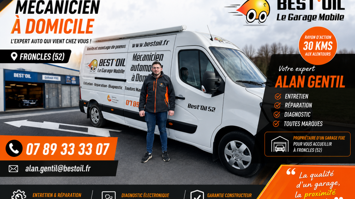 Mécanicien à domicile en Haute-Marne - Alan Gentil Best'Oil à Froncles avec garage fixe pour entretien, réparation, diagnostic et pneumatiques toutes marques.