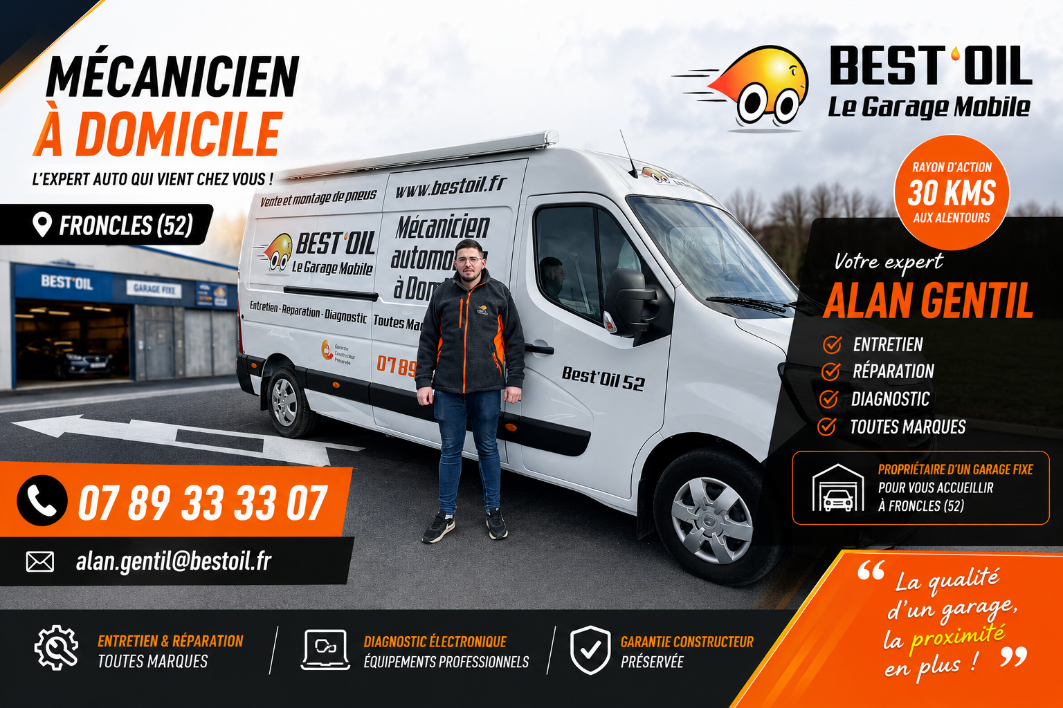 Mécanicien à domicile en Haute-Marne - Alan Gentil Best'Oil à Froncles avec garage fixe pour entretien, réparation, diagnostic et pneumatiques toutes marques.