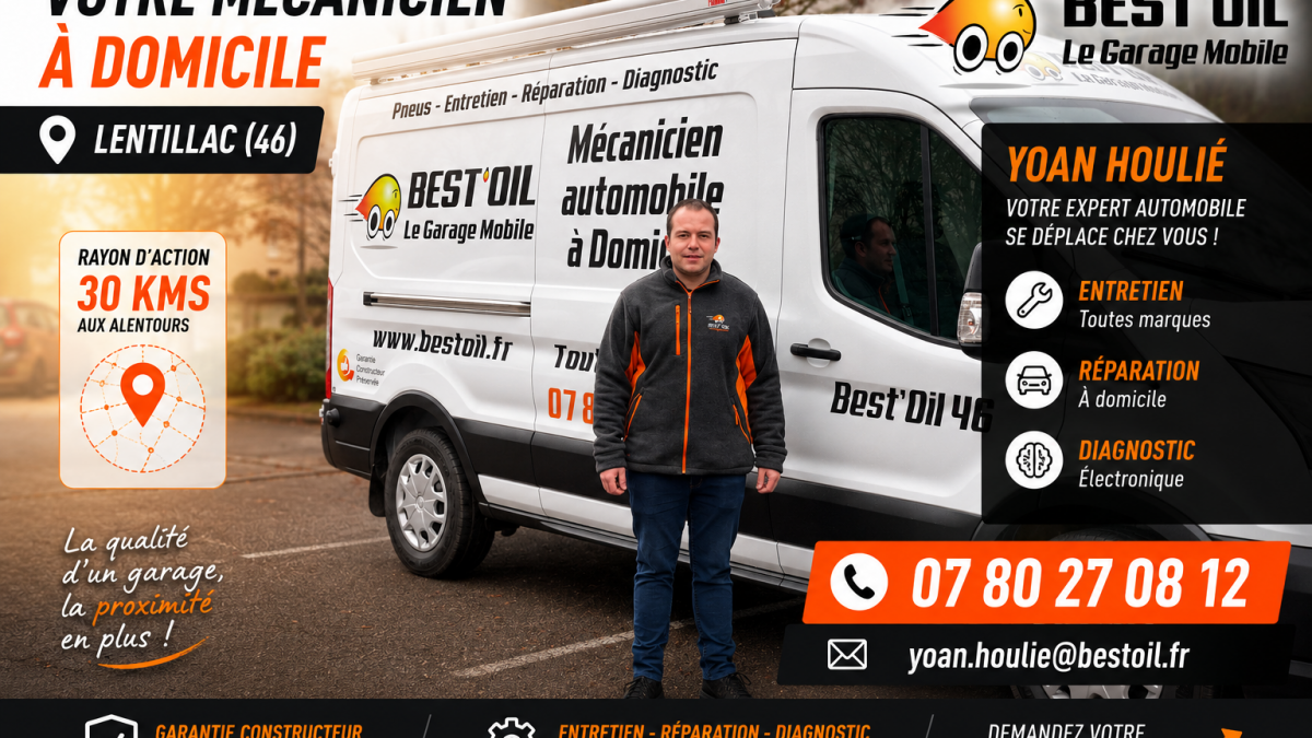 Mécanicien à domicile dans le Lot - Yoan Houlié Best'Oil intervenant à Lentillac pour l'entretien, la réparation, le diagnostic automobile et les pneumatiques toutes marques.
