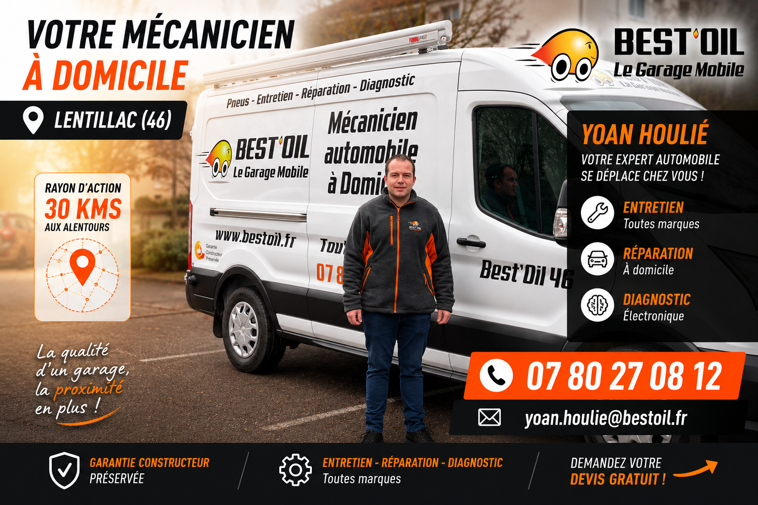 Mécanicien à domicile dans le Lot - Yoan Houlié Best'Oil intervenant à Lentillac pour l'entretien, la réparation, le diagnostic automobile et les pneumatiques toutes marques.