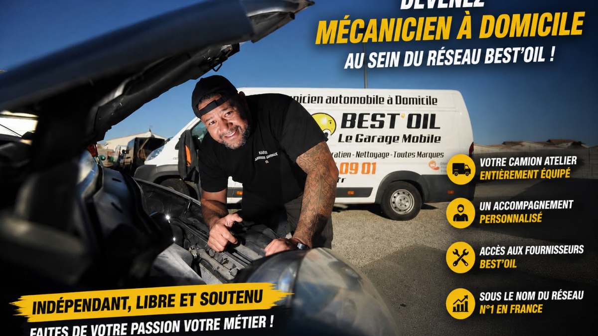 Recrutement mécanicien à domicile Best'Oil, réseau national de mécanique mobile avec camion atelier entièrement équipé et accompagnement personnalisé.