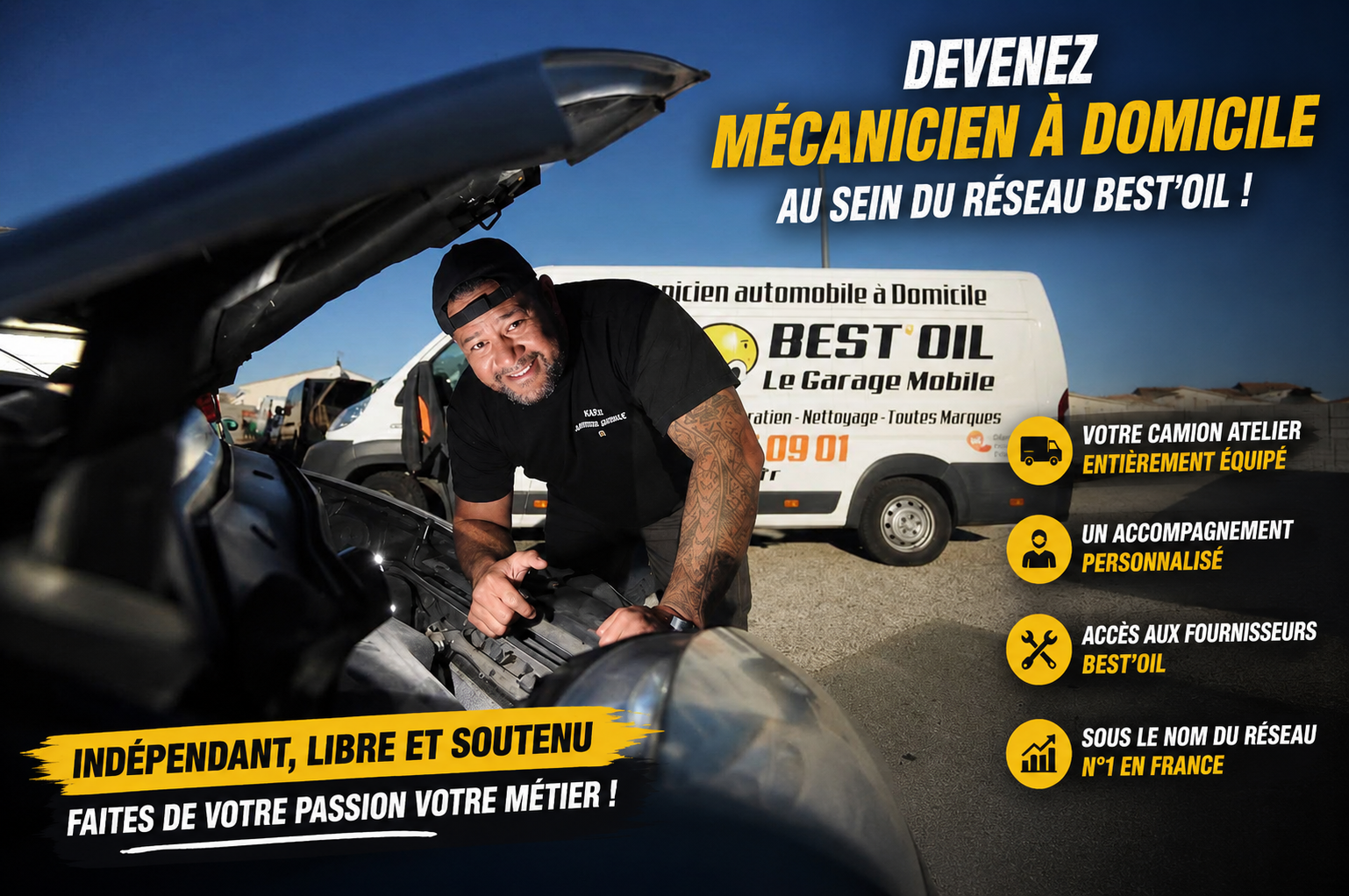 Recrutement mécanicien à domicile Best'Oil, réseau national de mécanique mobile avec camion atelier entièrement équipé et accompagnement personnalisé.