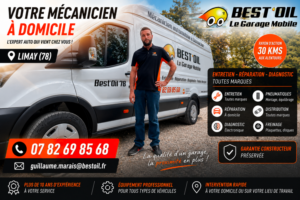 Garage mobile Best'Oil à Limay dans les Yvelines avec Guillaume Marais spécialiste entretien et réparation automobile à domicile.