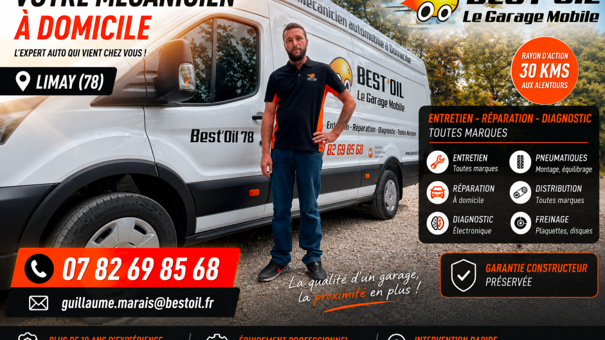 Garage mobile Best'Oil à Limay dans les Yvelines avec Guillaume Marais spécialiste entretien et réparation automobile à domicile.
