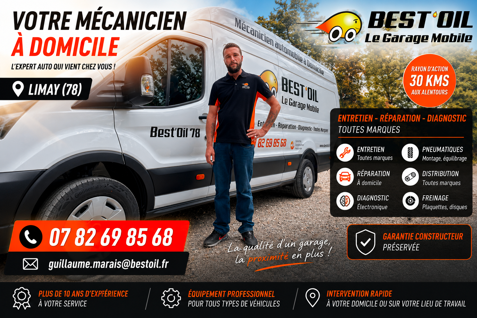 Garage mobile Best'Oil à Limay dans les Yvelines avec Guillaume Marais spécialiste entretien et réparation automobile à domicile.