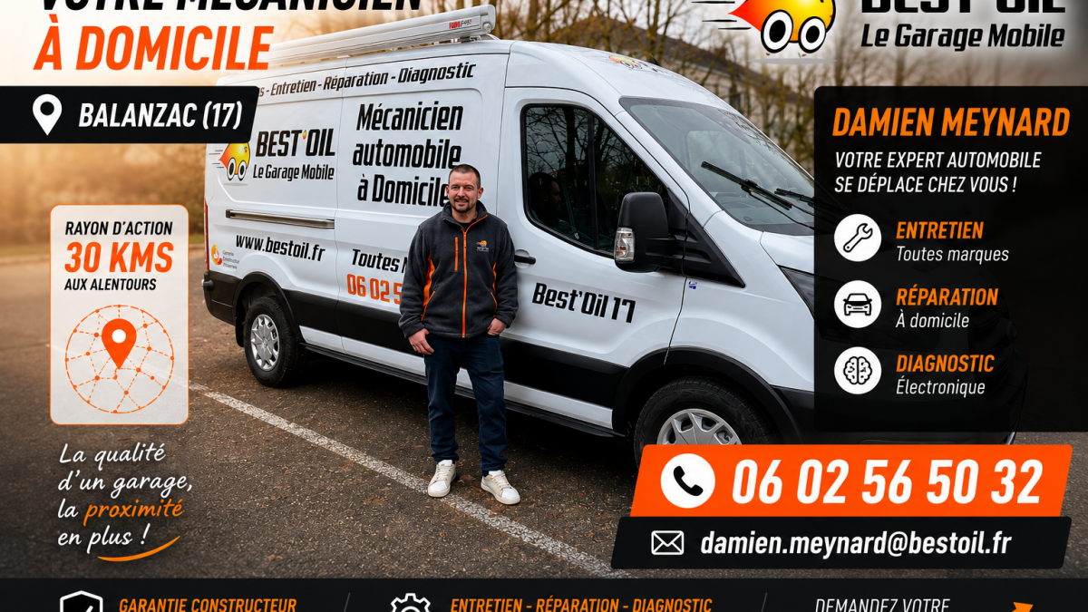 Mécanicien à domicile en Charente-Maritime - Damien Meynard Best'Oil intervenant à Balanzac pour l'entretien, la réparation et le diagnostic automobile toutes marques.