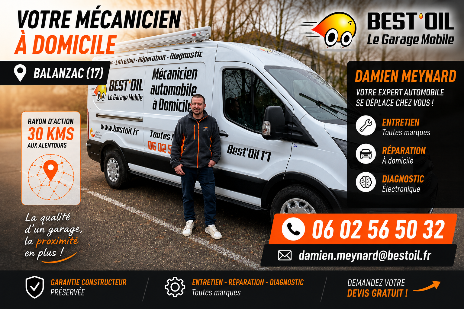 Mécanicien à domicile en Charente-Maritime - Damien Meynard Best'Oil intervenant à Balanzac pour l'entretien, la réparation et le diagnostic automobile toutes marques.