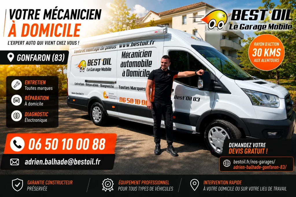 Mécanicien à domicile dans le Var - Adrien Balhade Best'Oil à Gonfaron pour entretien, réparation automobile, diagnostic et pneumatiques toutes marques