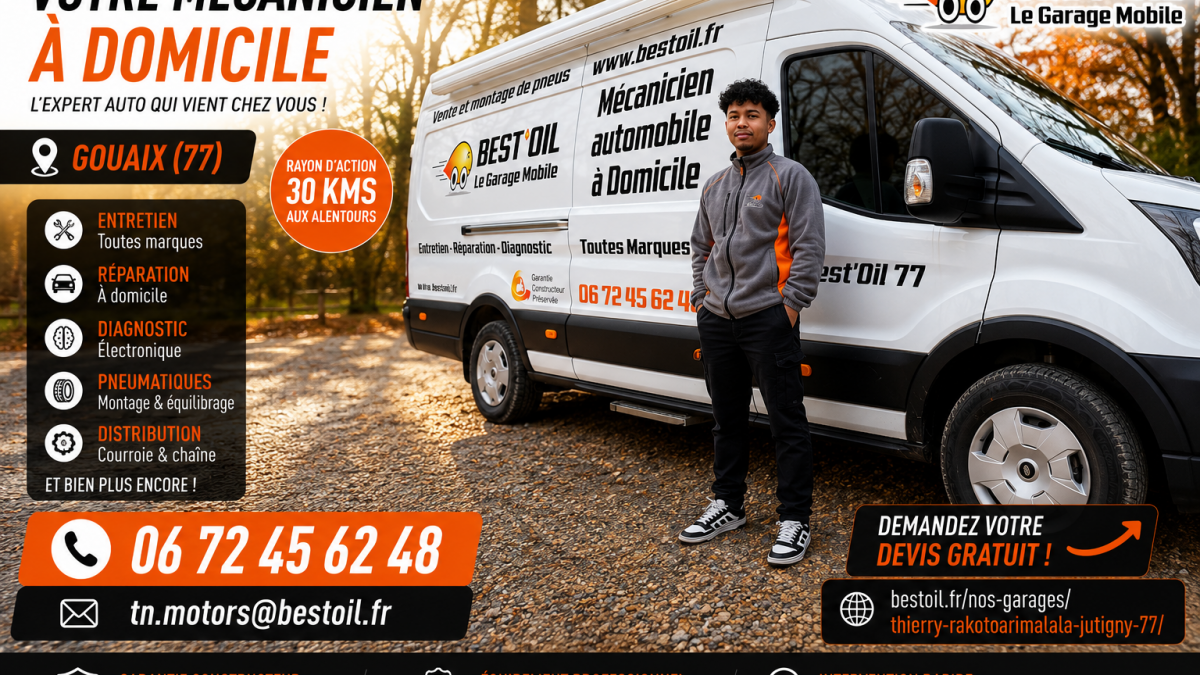 Thierry RAKOTOARIMALALA Best'Oil, mécanicien à domicile en Seine-et-Marne (77), intervention à Gouaix et Jutigny pour entretien, réparation, diagnostic et pneumatiques toutes marques