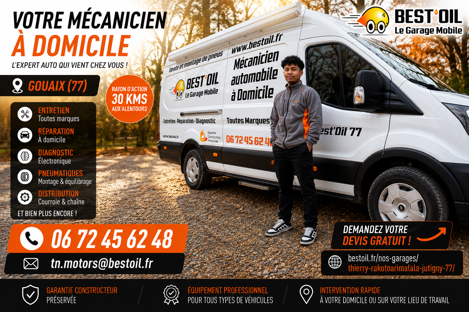 Thierry RAKOTOARIMALALA Best'Oil, mécanicien à domicile en Seine-et-Marne (77), intervention à Gouaix et Jutigny pour entretien, réparation, diagnostic et pneumatiques toutes marques