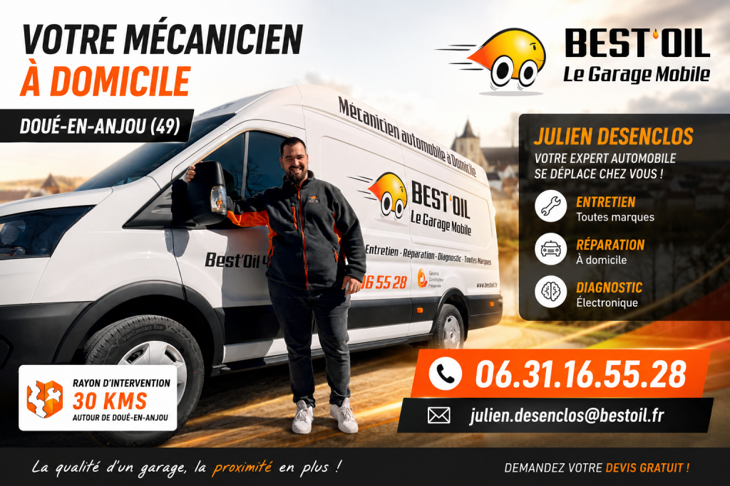 Mécanicien à domicile dans le Maine-et-Loire - Julien Desenclos Best'Oil intervenant à Doué-en-Anjou pour l'entretien, la réparation, le diagnostic et les pneumatiques toutes marques.