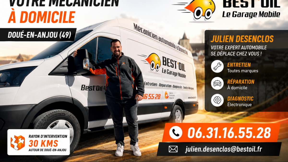 Mécanicien à domicile dans le Maine-et-Loire - Julien Desenclos Best'Oil intervenant à Doué-en-Anjou pour l'entretien, la réparation, le diagnostic et les pneumatiques toutes marques.