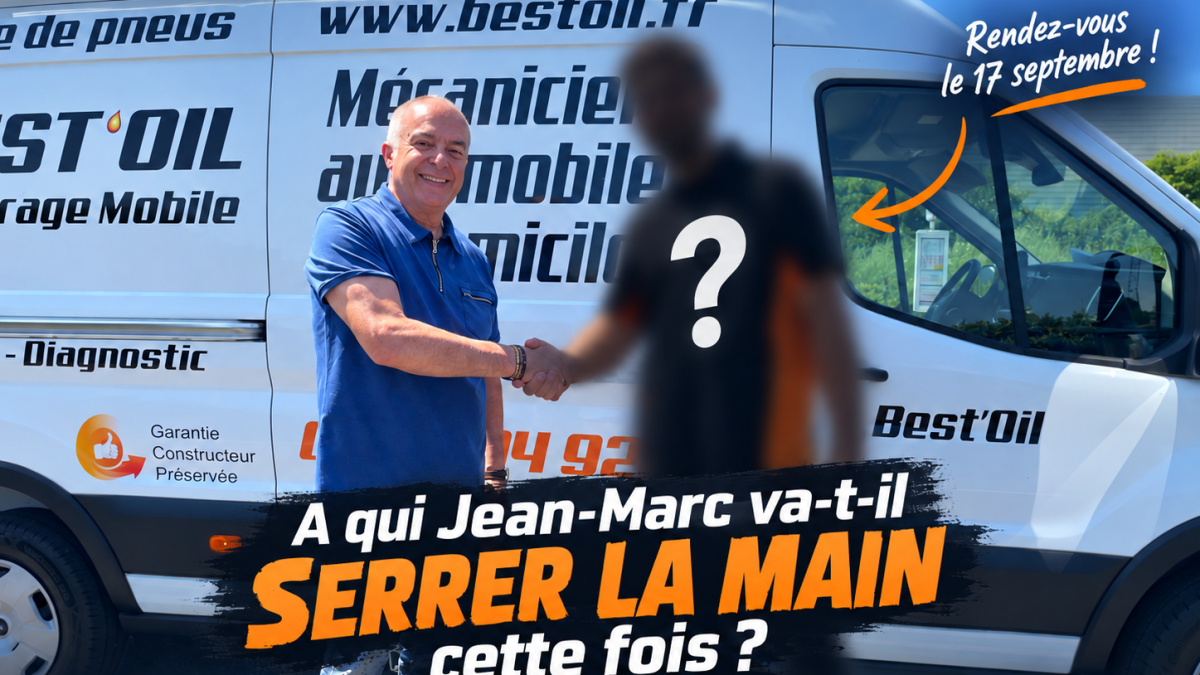 Jean-Marc Best’Oil serrant la main d’un nouveau partenaire mystère devant un camion atelier