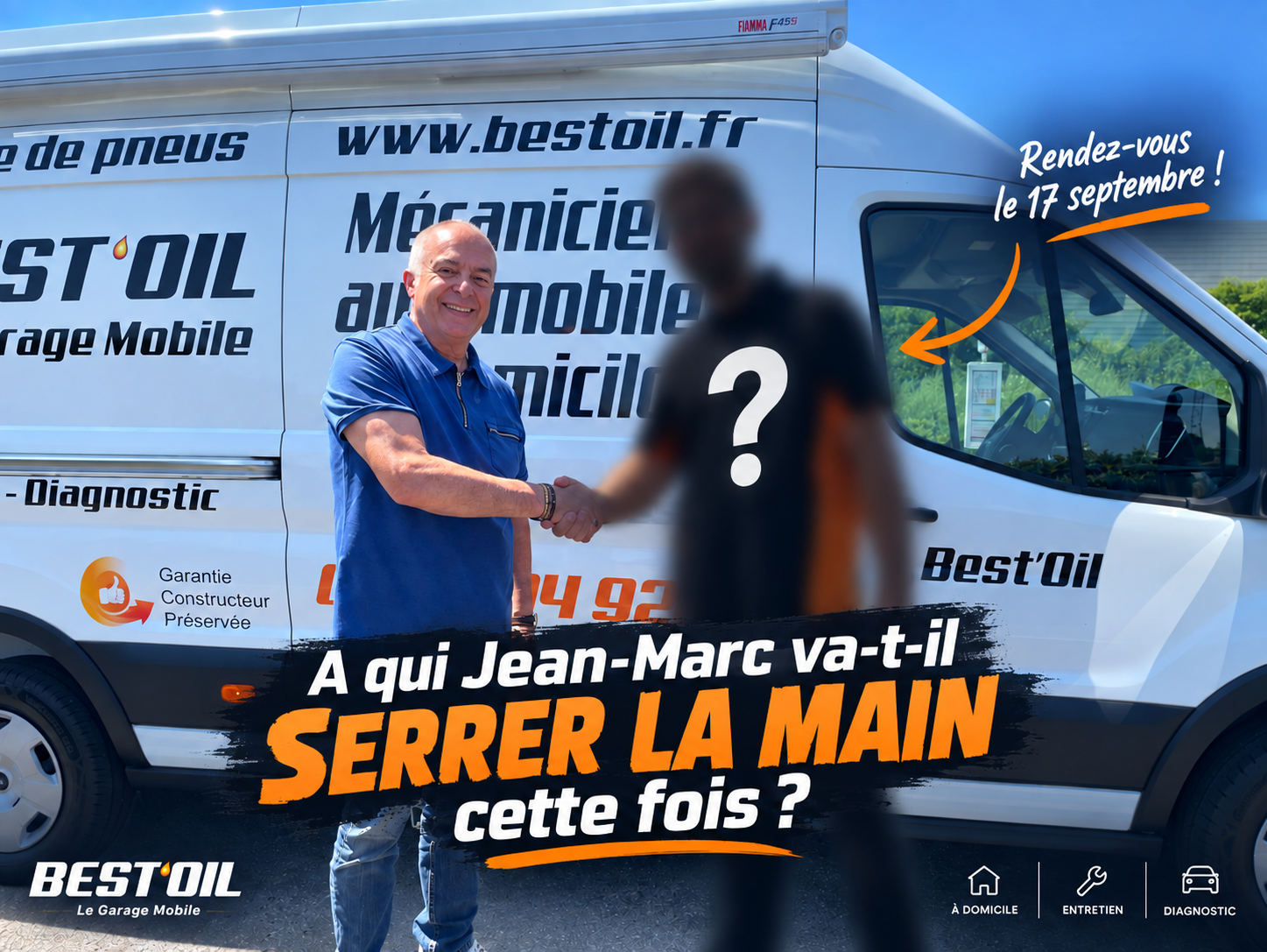 Jean-Marc Best’Oil serrant la main d’un nouveau partenaire mystère devant un camion atelier
