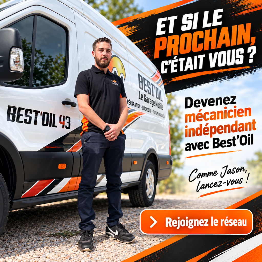 Jason Peroni devant son camion atelier Best’Oil 43, visuel invitant les mécaniciens à rejoindre le réseau