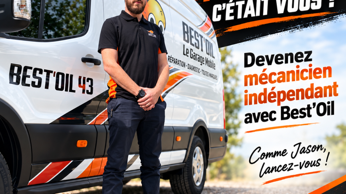 Jason Peroni devant son camion atelier Best’Oil 43, visuel invitant les mécaniciens à rejoindre le réseau