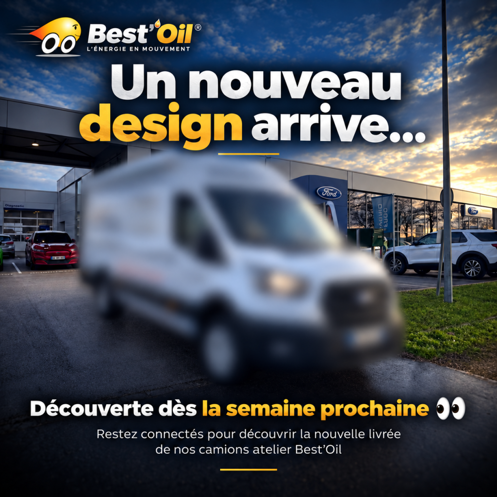 Camion atelier Best’Oil flouté annonçant l’arrivée d’une nouvelle livrée