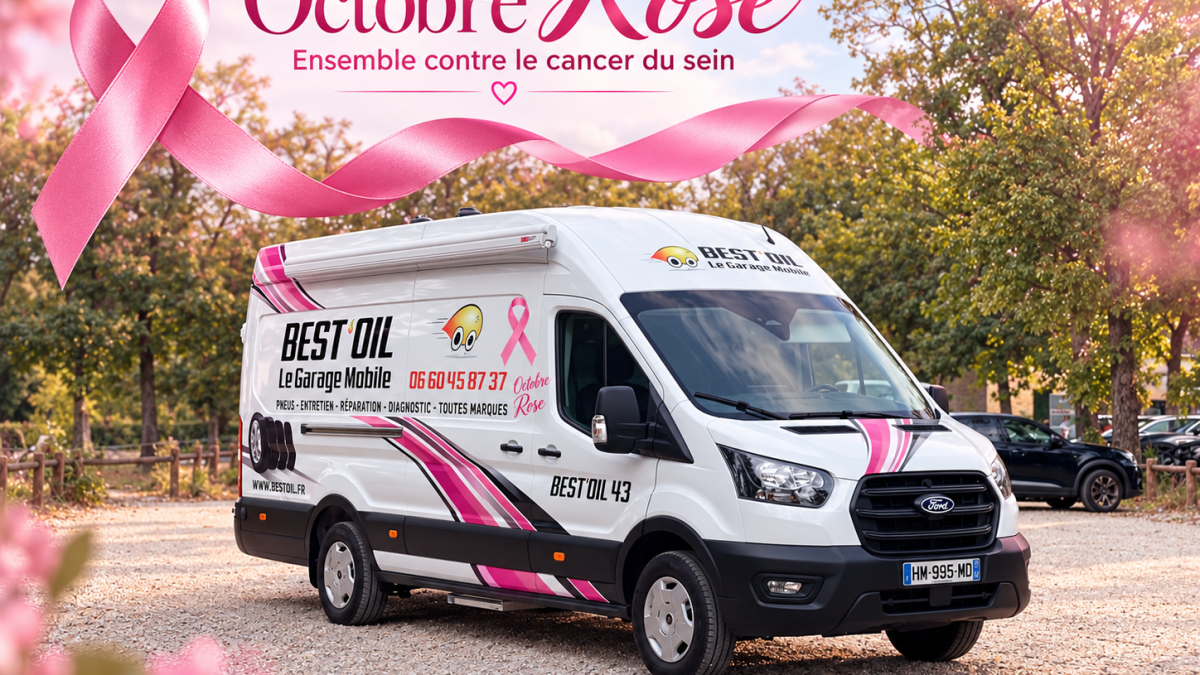 Camion-atelier Best’Oil avec des bandes roses, un ruban rose et le message « Octobre Rose, ensemble contre le cancer du sein ».