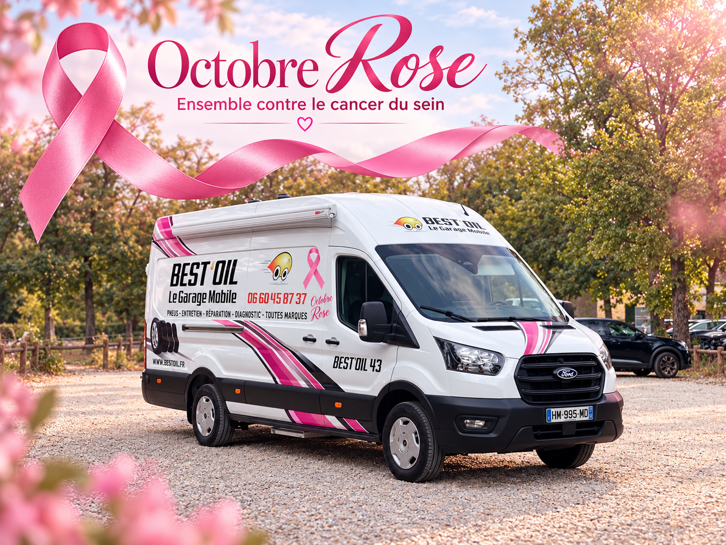 Camion-atelier Best’Oil avec des bandes roses, un ruban rose et le message « Octobre Rose, ensemble contre le cancer du sein ».