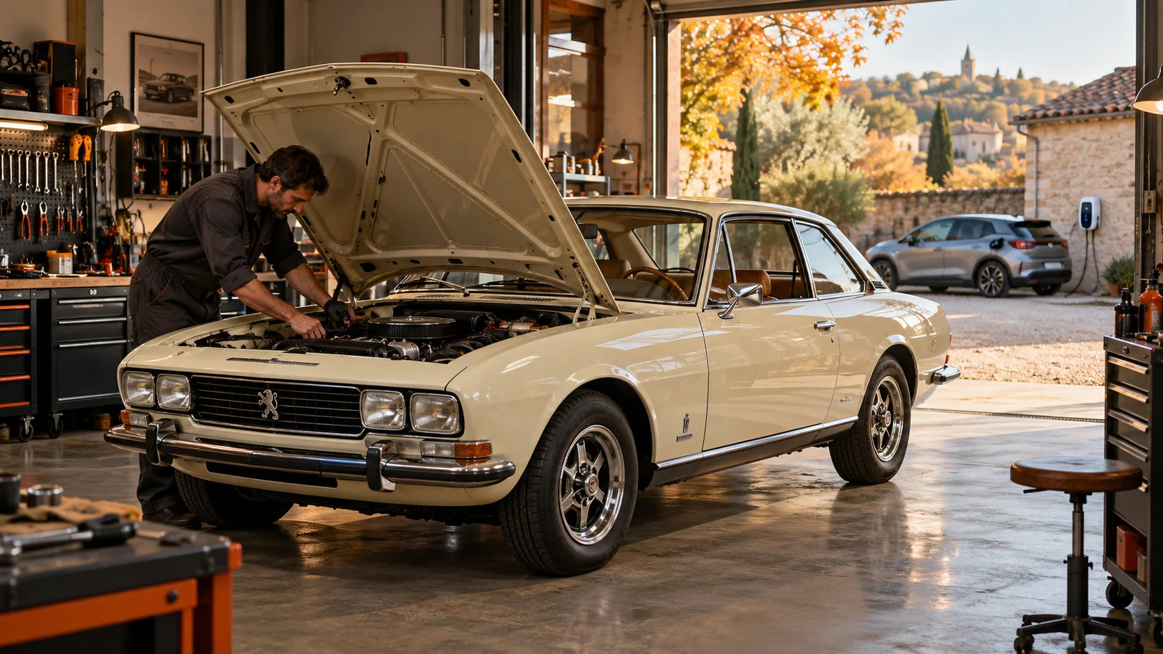 Entretien d’un coupé classique dans un atelier, avec une électrique en arrière-plan